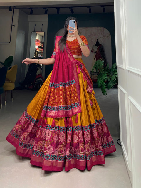 Yellow Tussar Silk Printed Lehenga Choli: Effortless Glamour and Sophistication For Women