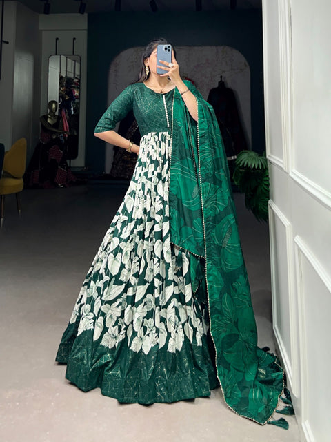 Green Color Gown For your ethnic look with our Tussar Silk Printed Gown For Women