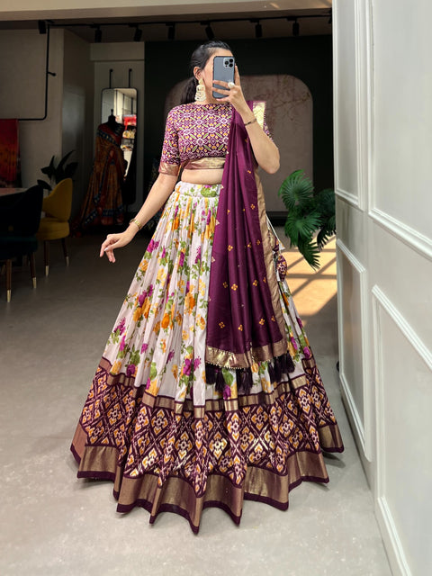 Wine Tussar Silk Lehenga Set with Perfect floral and patola print design for women