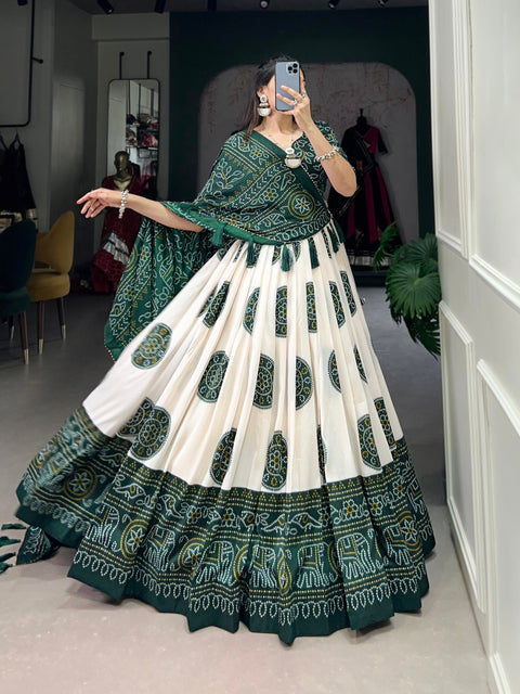 Green Artistry in Silk: Tussar Lehenga Choli with Bandhej Print Lehenga Choli For Women