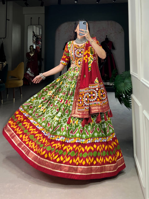 Green elegance of prints, where tradition meets trend in every twirl of a printed navratri lehenga