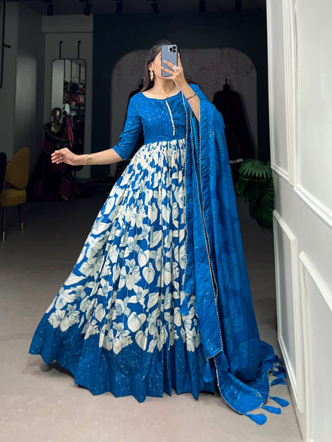 Blue Transform your ethnic look with our Tussar Silk Printed Gown For Women