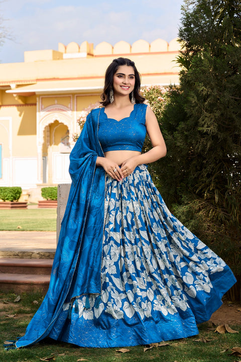 Blue Color Ethnic look with our Tussar Silk Printed Lehenga Choli For Women