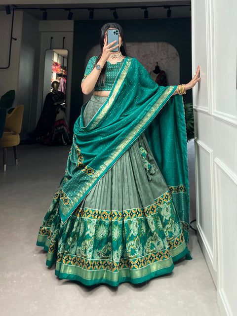 Green Tussar Silk Printed Lehenga Choli: Effortless Glamour and Sophistication For Women