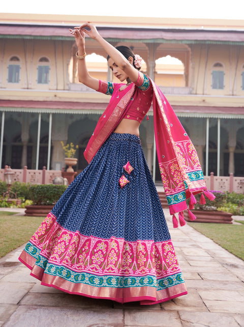 Blue Step into the spotlight with confidence in our Tussar silk printed lehenga choli for women