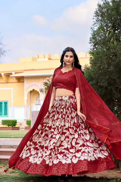 Red Color Ethnic look with our Tussar Silk Printed Lehenga Choli For Women