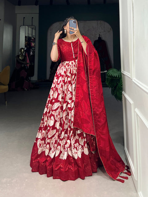 Red Color Gown For your ethnic look with our Tussar Silk Printed Gown For Women