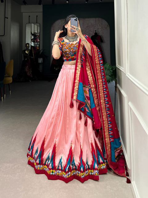 Red luxurious Tussar silk fabric ensures comfort and elegance, making this lehenga choli for women