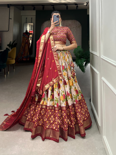 Red Tussar Silk Lehenga Set with Perfect floral and patola print design for women