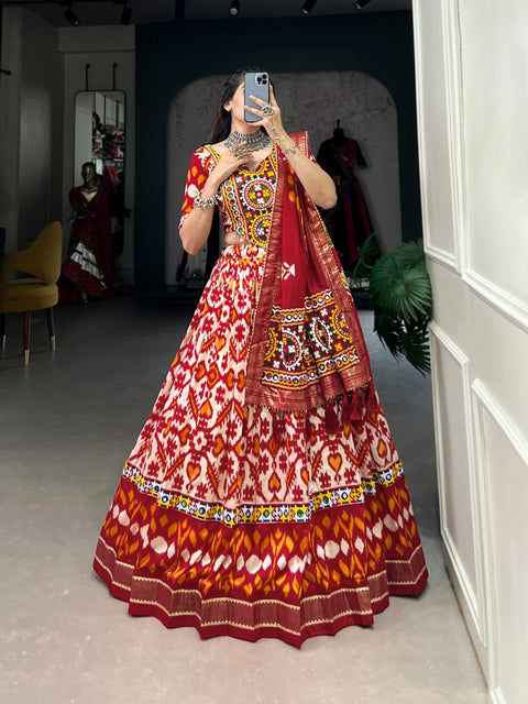 Red elegance of prints, where tradition meets trend in every twirl of a printed navratri lehenga