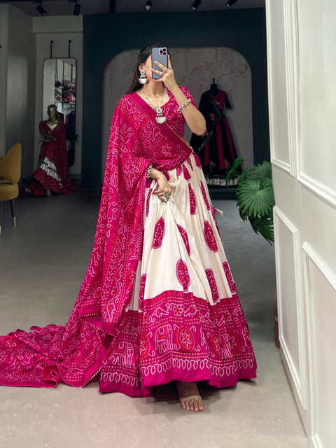 Pink Artistry in Silk: Tussar Lehenga Choli with Bandhej Print Lehenga Choli For Women