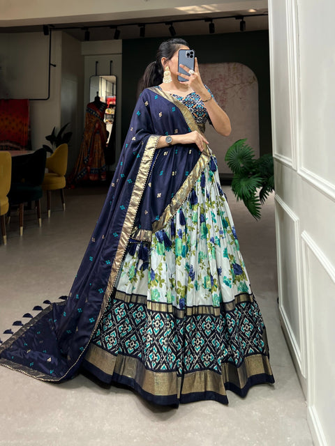 Blue Tussar Silk Lehenga Set with Perfect floral and patola print design for women