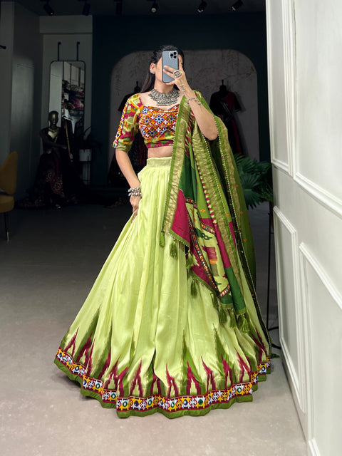 Green luxurious Tussar silk fabric ensures comfort and elegance, making this lehenga choli for women