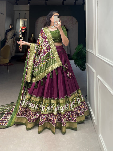 Wine a perfectly blended Tussar silk lehenga for festive season to charm your look In this navratri for women