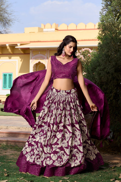 Wine Color Ethnic look with our Tussar Silk Printed Lehenga Choli For Women