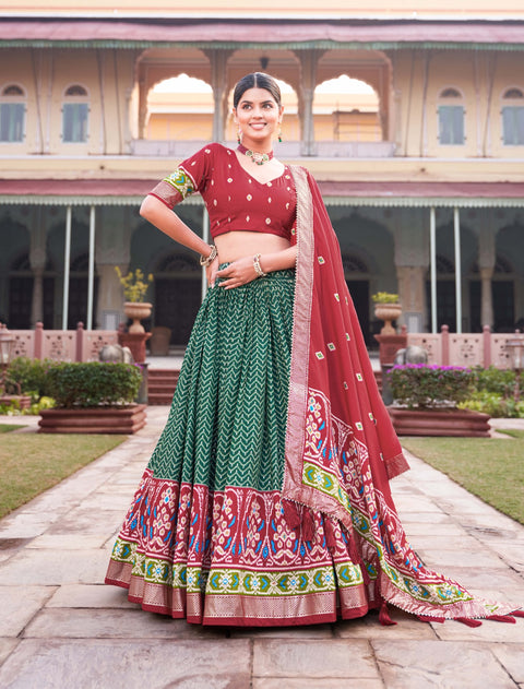 Green Step into the spotlight with confidence in our Tussar silk printed lehenga choli for women