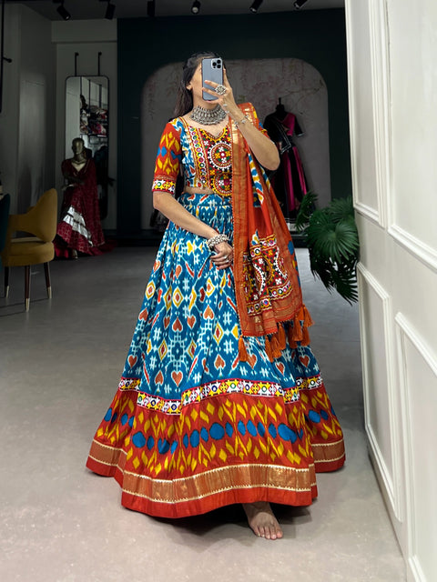 Blue elegance of prints, where tradition meets trend in every twirl of a printed navratri lehenga