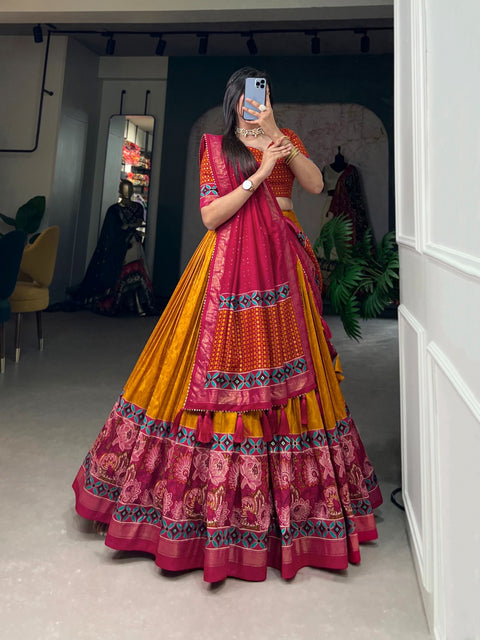 Yellow Tussar Silk Printed Lehenga Choli: Effortless Glamour and Sophistication For Women