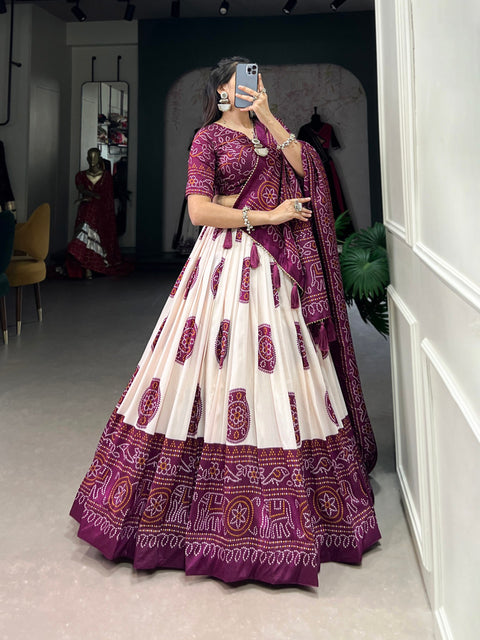 Purple Artistry in Silk: Tussar Lehenga Choli with Bandhej Print Lehenga Choli For Women