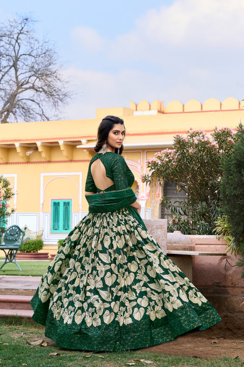 Green Color Ethnic look with our Tussar Silk Printed Lehenga Choli For Women