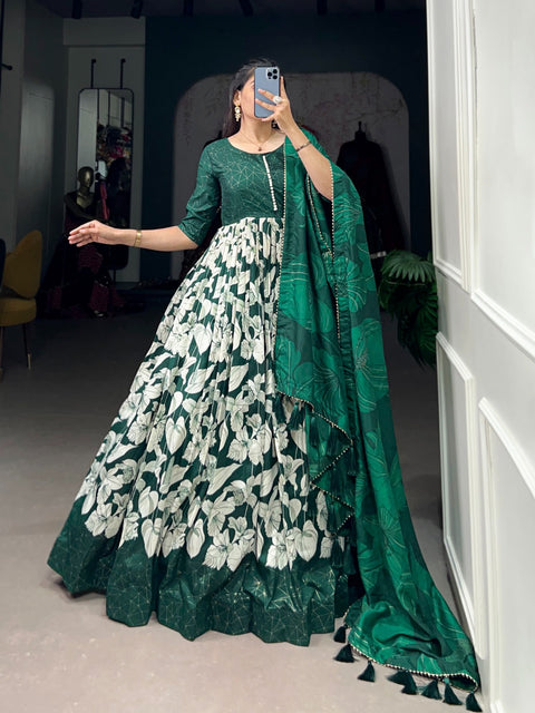 Green Color Gown For your ethnic look with our Tussar Silk Printed Gown For Women