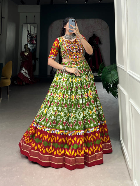 Green elegance of prints, where tradition meets trend in every twirl of a printed navratri lehenga