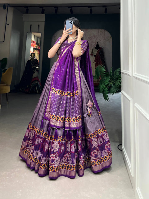 Purple Tussar Silk Printed Lehenga Choli: Effortless Glamour and Sophistication For Women