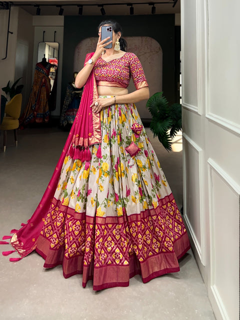 White And Pink Tussar Silk Lehenga Set with Perfect floral and patola print design for women