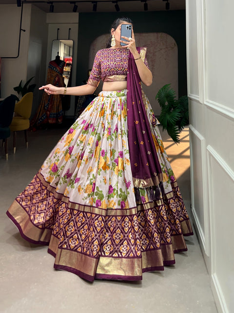 Wine Tussar Silk Lehenga Set with Perfect floral and patola print design for women