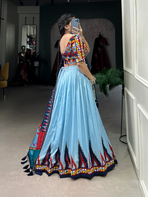 Blue luxurious Tussar silk fabric ensures comfort and elegance, making this lehenga choli for women