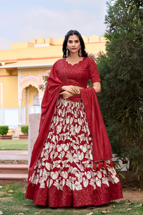 Red Color Ethnic look with our Tussar Silk Printed Lehenga Choli For Women