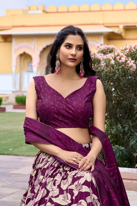 Wine Color Ethnic look with our Tussar Silk Printed Lehenga Choli For Women