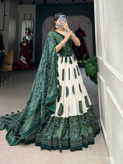 Green Artistry in Silk: Tussar Lehenga Choli with Bandhej Print Lehenga Choli For Women