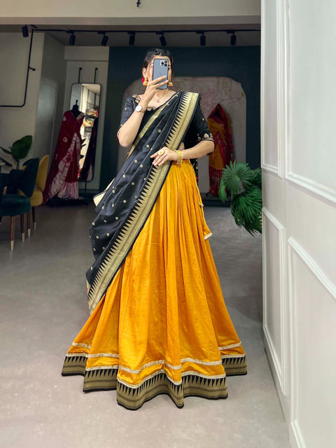 Yellow Vichitra Silk lehenga, carry with the legacy of tradition, a fusion of style that transcends time