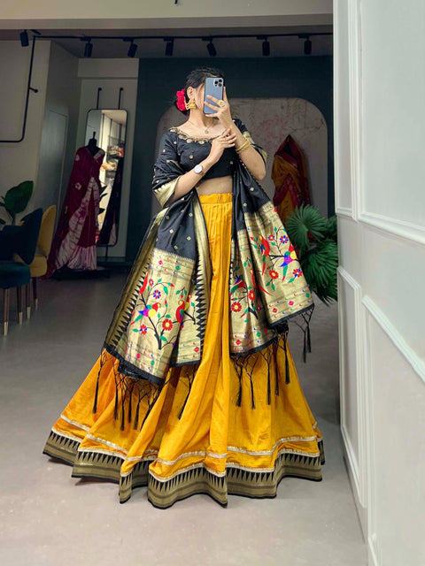 Yellow Vichitra Silk lehenga, carry with the legacy of tradition, a fusion of style that transcends time