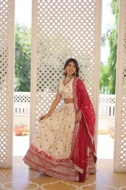 Off White Designer Dyeable Pure Viscose Jacquard fabric Lehenga Choli & Dupatta Set For Women