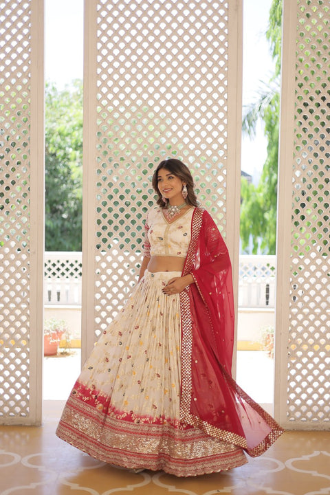 Off White Designer Dyeable Pure Viscose Jacquard fabric Lehenga Choli & Dupatta Set For Women