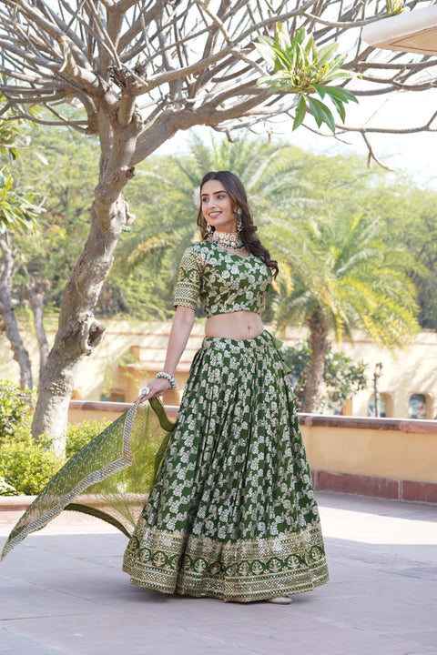 Green Dyeable Pure Viscose Jacquard Lehenga Choli & Dupatta Set For Women