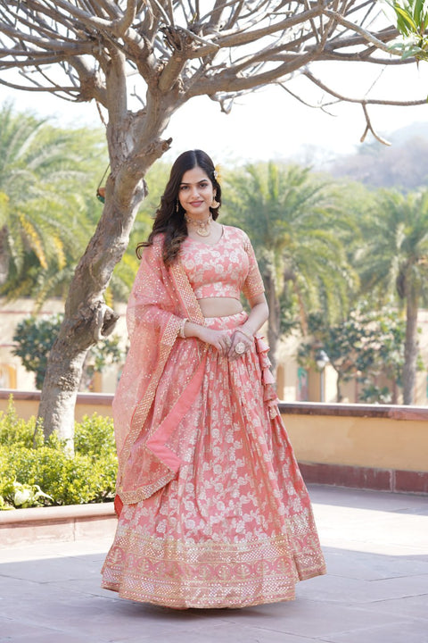 Pink Dyeable Pure Viscose Jacquard Lehenga Choli & Dupatta Set For Women