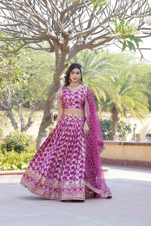 Purple Dyeable Pure Viscose Jacquard Lehenga Choli & Dupatta Set For Women