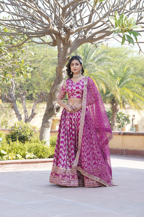 Purple Dyeable Pure Viscose Jacquard Lehenga Choli & Dupatta Set For Women