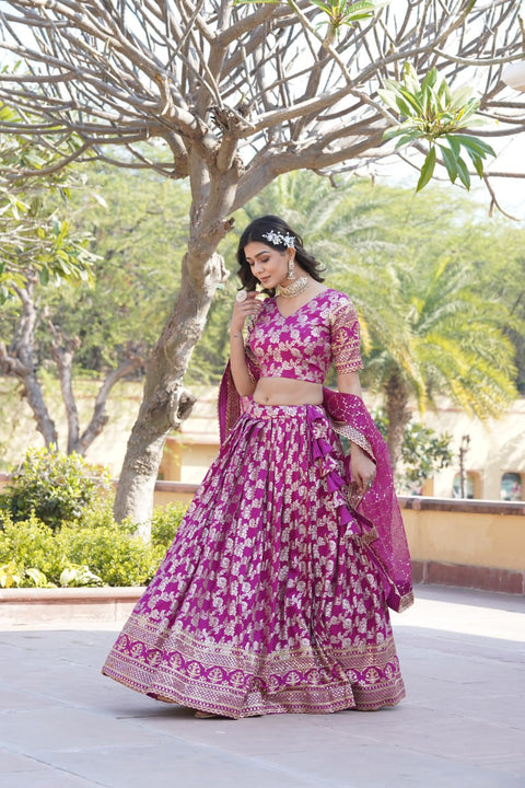 Purple Dyeable Pure Viscose Jacquard Lehenga Choli & Dupatta Set For Women