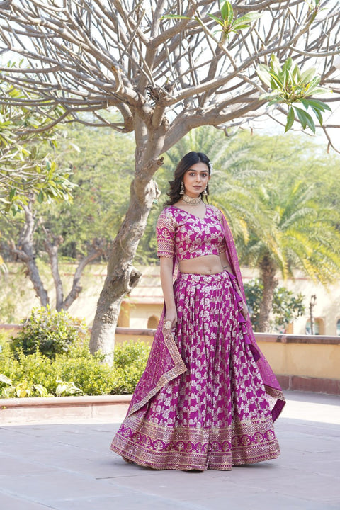 Purple Dyeable Pure Viscose Jacquard Lehenga Choli & Dupatta Set For Women