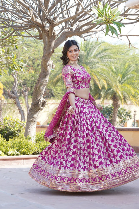 Purple Dyeable Pure Viscose Jacquard Lehenga Choli & Dupatta Set For Women