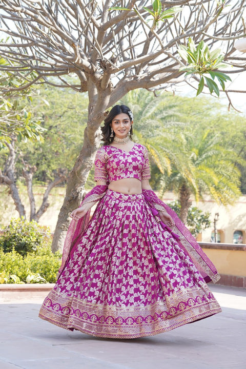 Purple Dyeable Pure Viscose Jacquard Lehenga Choli & Dupatta Set For Women