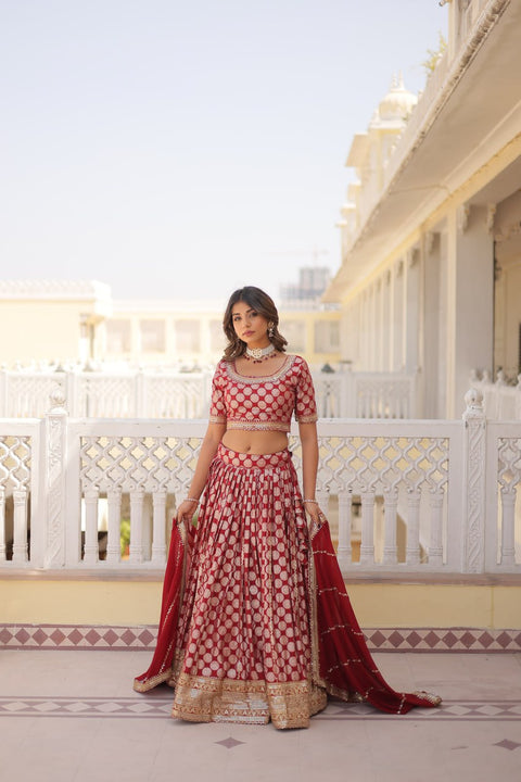 Red Desirable Women's Fully Flaired Lehenga Made With Faux Georgette Fabrics With sequins Embroidered Blouse For Women