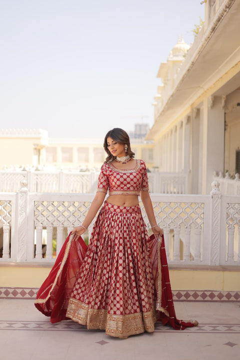 Red Desirable Women's Fully Flaired Lehenga Made With Faux Georgette Fabrics With sequins Embroidered Blouse For Women