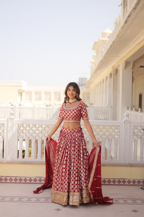 Red Desirable Women's Fully Flaired Lehenga Made With Faux Georgette Fabrics With sequins Embroidered Blouse For Women