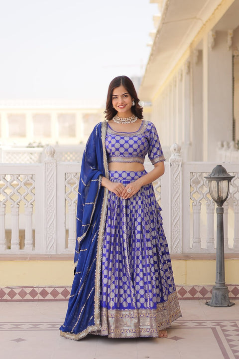 Blue Desirable Women's Fully Flaired Lehenga Made With Faux Georgette Fabrics With sequins Embroidered Blouse For Women