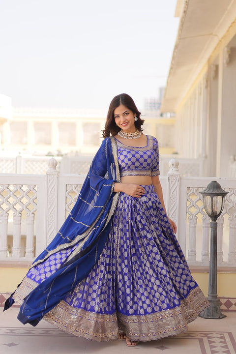 Blue Desirable Women's Fully Flaired Lehenga Made With Faux Georgette Fabrics With sequins Embroidered Blouse For Women